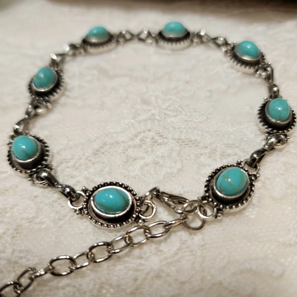 Reworked Hand Crafted Faux Silver and Faux Turquoise Jewelry Set
